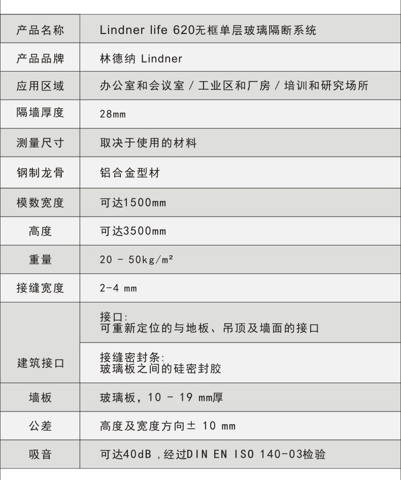 林德纳单层玻璃隔断参数